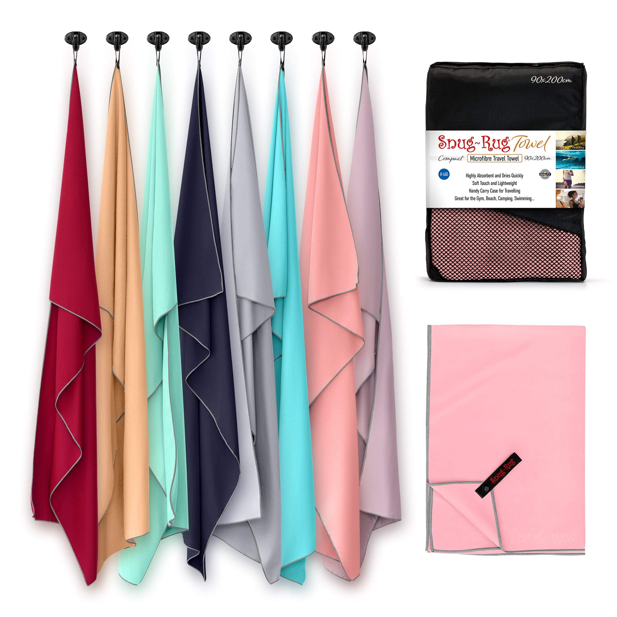 Snug Rug Microfibre Towel Extra Large XL 200 x 90cm – Super Absorbent - Quick Drying - Lightweight Compact Travel - Antibacterial Swimming Sports Travel Sand Proof Beach Towels - Salmon Rose Pink