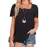 Falechay Womens Tops 2025 Boho Blouses Short Sleeve Flowy Square Neck Casual Peasant Summer Floral Lace Hem Textured Shirts