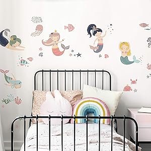 RoomMates Sweet Pastel Mermaids Peel and Stick Wall Decals | Girls Room Decor