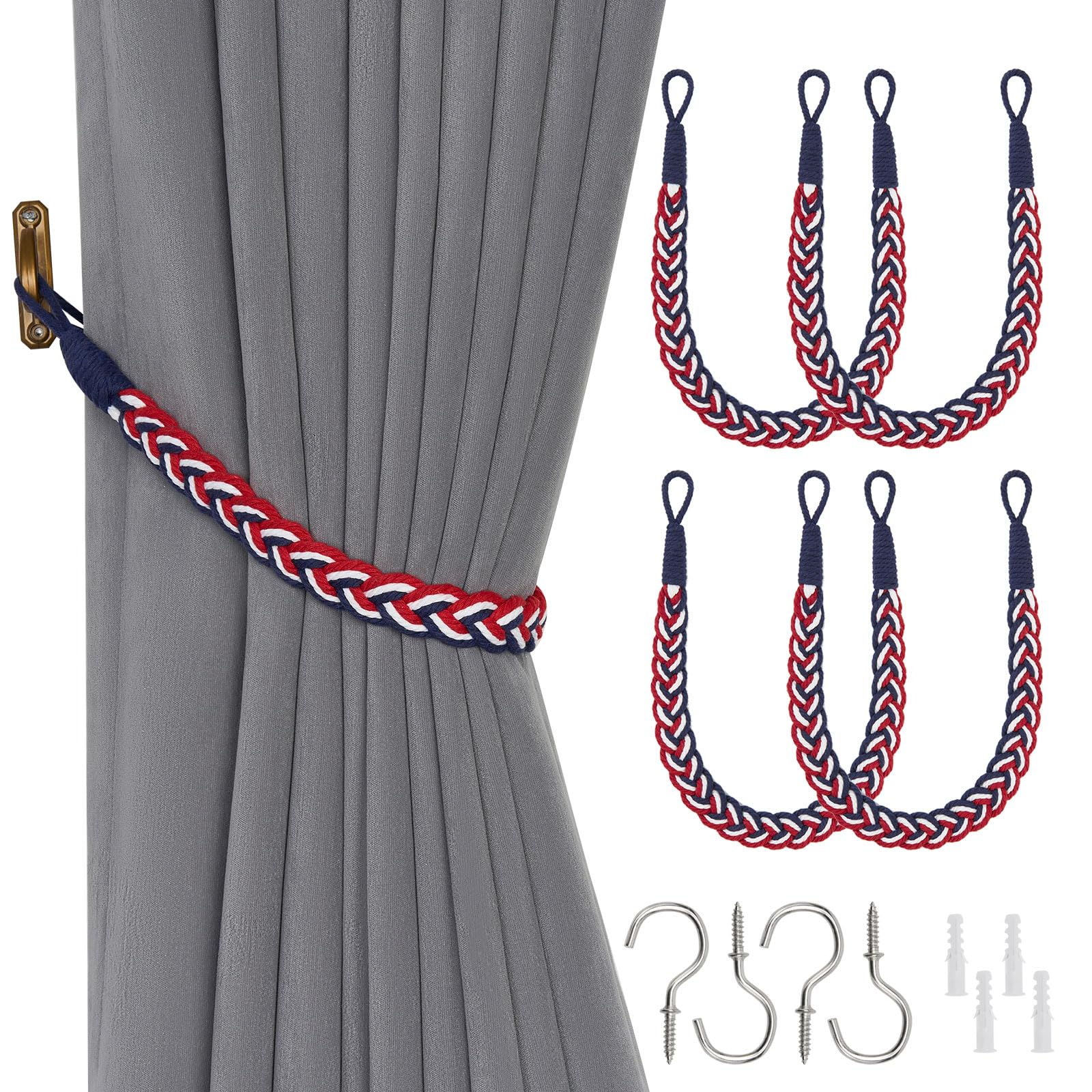 Pretty Jolly 4 Pack Natural Cotton Rope Curtain Tiebacks Elegant Boho Style Decorative Drape Tie Backs Soft Hand-Woven Rope Curtain Holdbacks with Metal Hook for Home & Office Drapery (Flag Color)