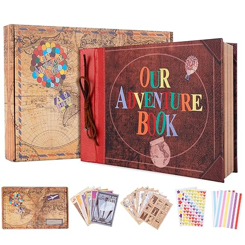 Our Adventure Book with House, 11.6 x 7.5 inch Leather Cover Up Themed Vintage Scrapbook Album,Valentine's Day, Anniversary Wedding Gifts, Retro Craft Cardstock, 40 Pages (adventure book)