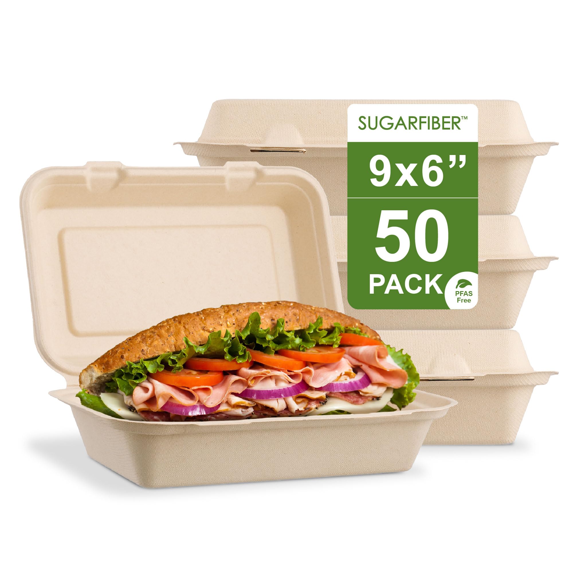 Photo 1 of [50 COUNT]Harvest Pack PFAS FREE 9 X 6" Compostable Clamshell Food Containers, Heavy-Duty Hinged Container, Disposable Bagasse Eco-Friendly Natural Takeout to go Box, Made from Sugarcane Plant