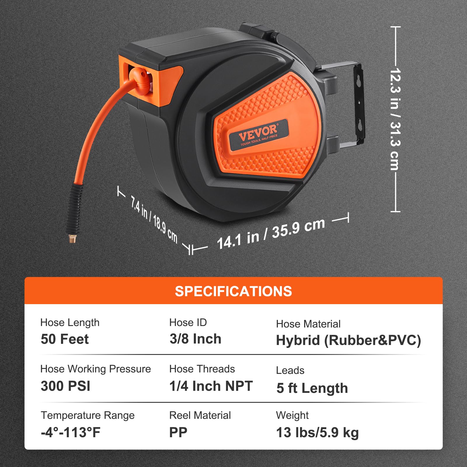 Carrete de manguera de aire retráctil VEVOR, manguera de aire híbrida de 3/8 pulgadas x 50 pies máximo 300 PSI, carrete de manguera de compresor de aire con entrada de 5 pies, carrete de aire cerrado para montaje en techo/pared, montaje giratorio de 180°