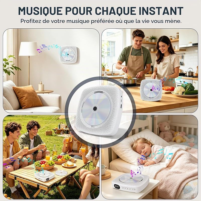 Lecteur CD Portable Bluetooth pour Maison et extérieur, avec Haut-parleurs, Batterie Rechargeable 4000 mAh, Radio FM, Lecture USB, télécommande, Fixation Murale et Support de Bureau