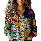 LOVESHOOT Women's Button Down Shirts 2025 Vintage Floral Boho Lapel V Neck Long Sleeve Blouses Dressy Casual Top with Pocket
