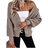 GORGLITTER Women's Button Up Chunky Cardigan V Neck Knitted Lantern Sleeve Cozy Fall Sweaters Airport Travel Outfits