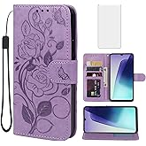 Vavies Case for Redmi 14C Case, 2411DRN47C Wallet Case with Tempered Glass Screen Protector, Flower Leather Flip Credit Card Holder Stand Phone Cover Cases for Xiaomi Redmi 14C Purple