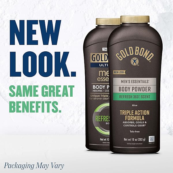 GOLD BOND MEN’S ESSENTIALS TALC FREE BODY POWDER, 10 OZ., REFRESH 360 SCENT, BODY POWDER FOR MEN, WETNESS PROTECTION