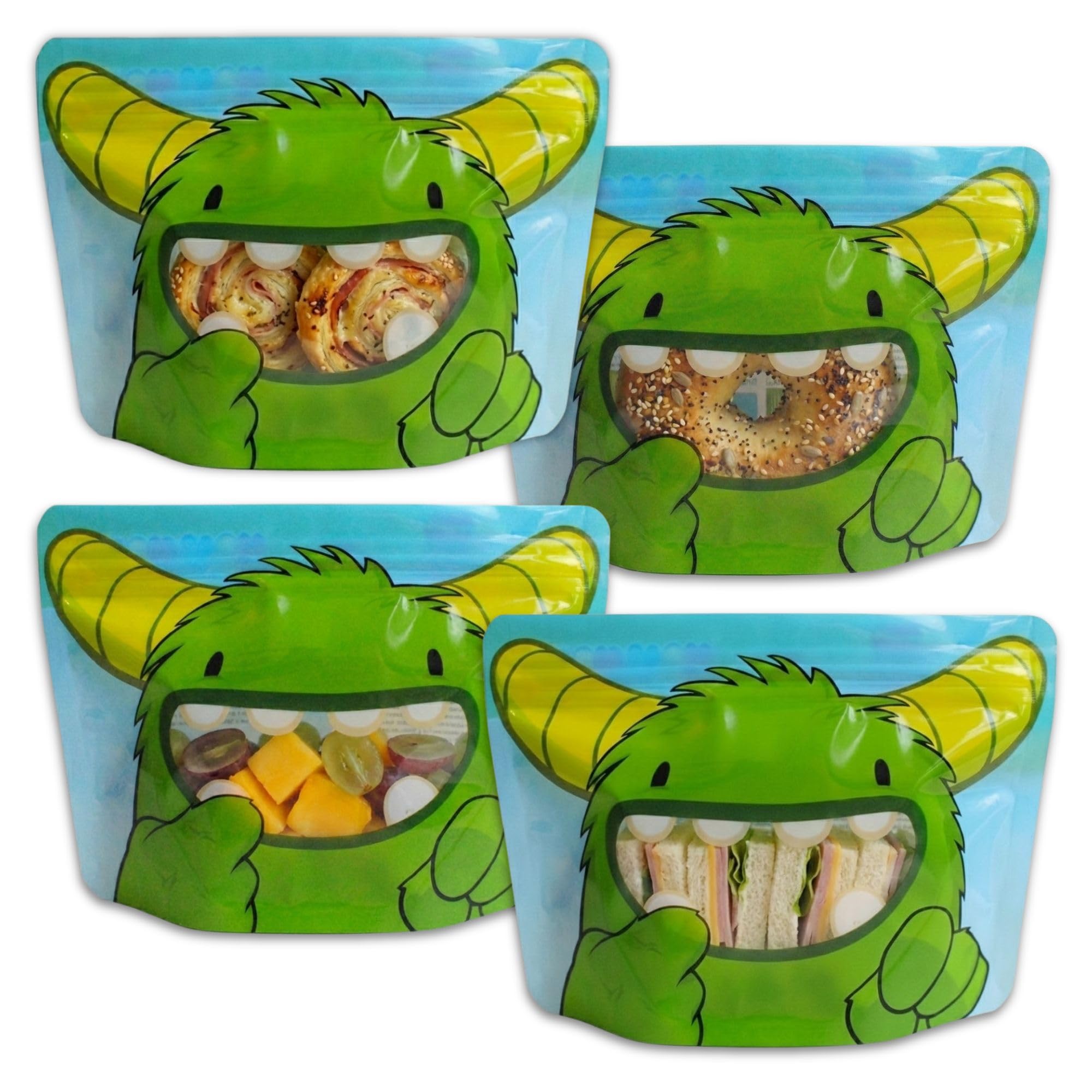 Nom Nom Kids | Reusable sandwich bags x 4 | Cute Monster Design | Perfect size for children's sandwiches | sharing snack bags | sweet bag | ziplock bags for food Reusable Sandwich Bags