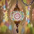DEMMEX Plug-in Turkish Moroccan Mosaic Hanging Pendant Ceiling Light – Swag Lamp Fixture with 15ft Cord & Chain, Handcrafted Glass, Vintage Tiffany Style, Mediterranean Exotic Decor, Multicolored