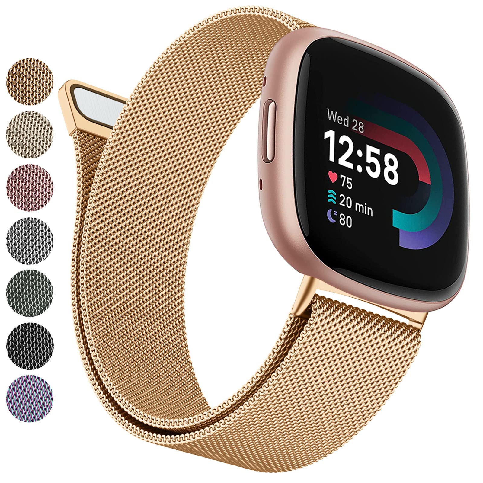 Vancle Strap Fitbit Versa 3 Straps/Versa 4 Strap/Fitbit Sense/Sense 2 Strap for Women, Breathable Stainless Steel Mesh Loop Adjustable Wristband Replacement Metal Strap (Rose Gold,Large)