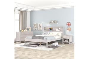 LZ LEISURE ZONE Bedroom Sets, 3 Piece Bedroom Sets with Queen Size Platform Bed, Nightstand and Dresser, Solid Pine Wood Framhouse Bed Room Set, Queen Bedroom Sets, Antique White