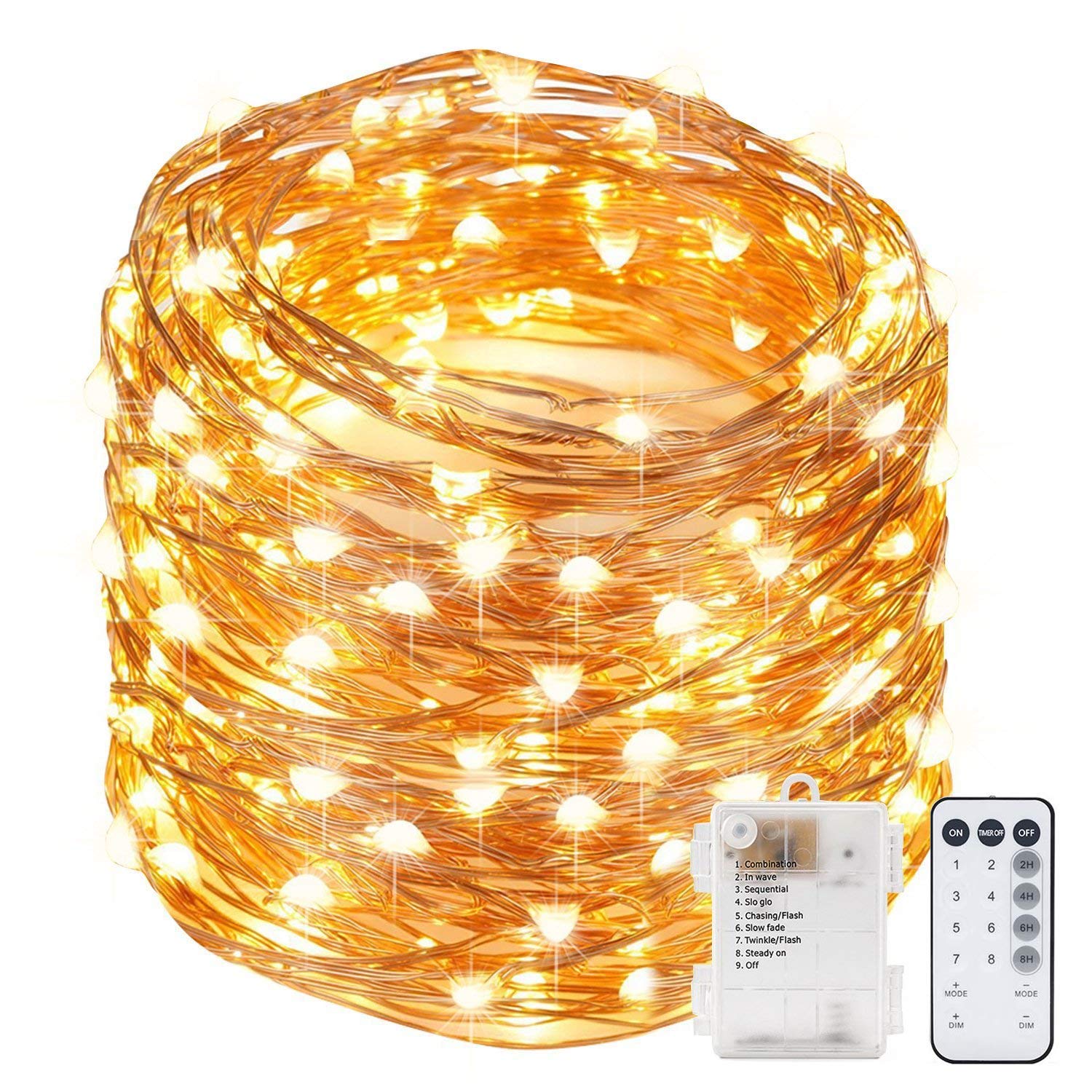 Rarlight 33ft 100 LED String Lights Dimmable with Remote Control, Waterproof Outdoor & Indoor Decorative Lights for Bedroom, Garden, Patio, Parties (Copper Wire Lights, Warm White)