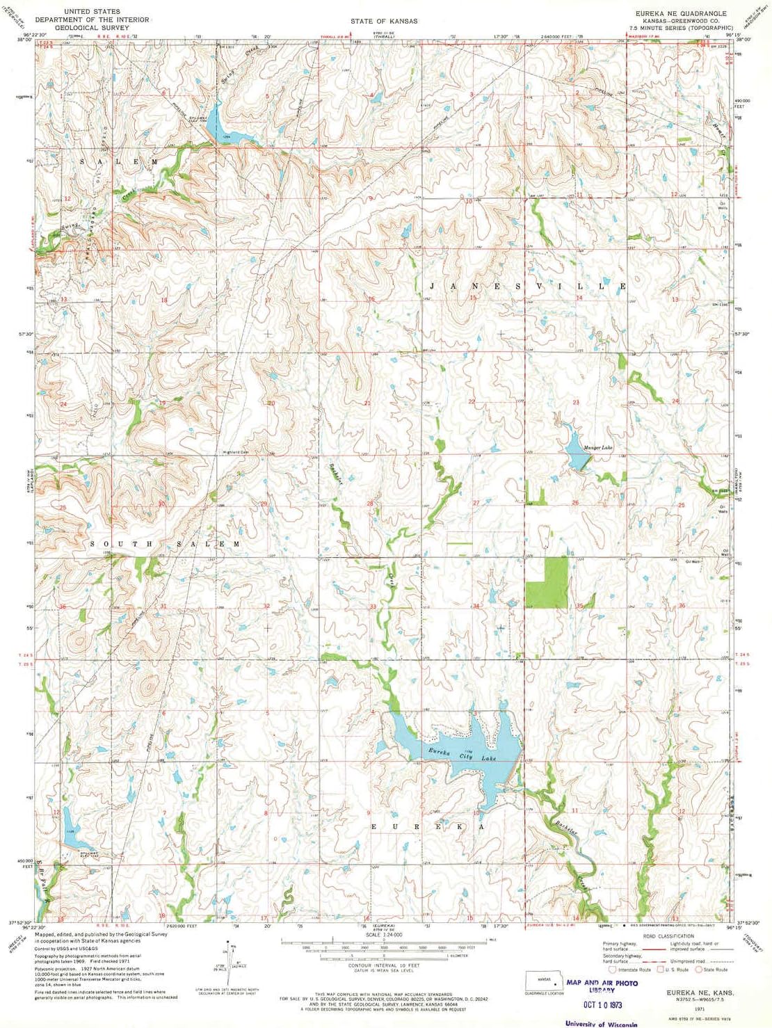 YellowMaps Eureka NE KS topo map, 1:24000 Scale, 7.5 X 7.5 Minute, Historical, 1971, Updated 1973, 26.89 x 20.85 in