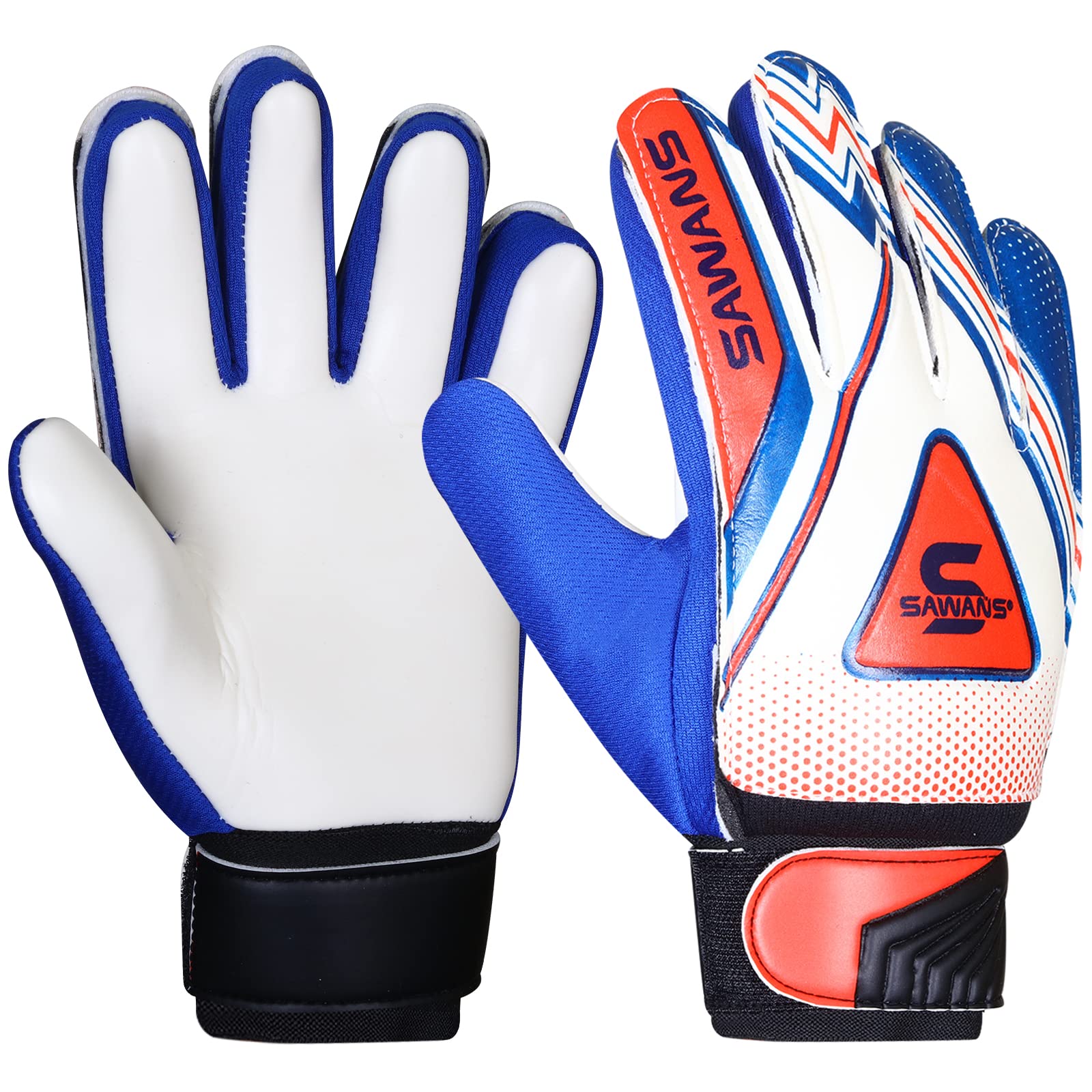 SAWANS Football Goalkeeper Gloves Boys Kids Children Youth Adult Soccer Goalie Protection Goal Keeping Gloves Finger Support Wrist Junior Anti Slip Palm (Size 7 for size S-M adult, Blue/White)