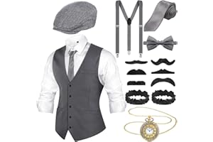 Foaincore 1920s Mens Costume Accessories Set 1920s Mens Costume Gangster Costume Vest Newsboy Hat Pocket Watch Tie