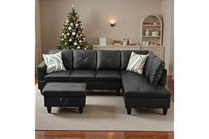 Topcomfy 97.5" L Shaped Couch Set, Modular Sectional Couches for Living Room with Storage Ottoman, 4 Seat Home Sofa Living Room Furniture Sets with Chaise for Apartment Office (Faux Leather, Black)