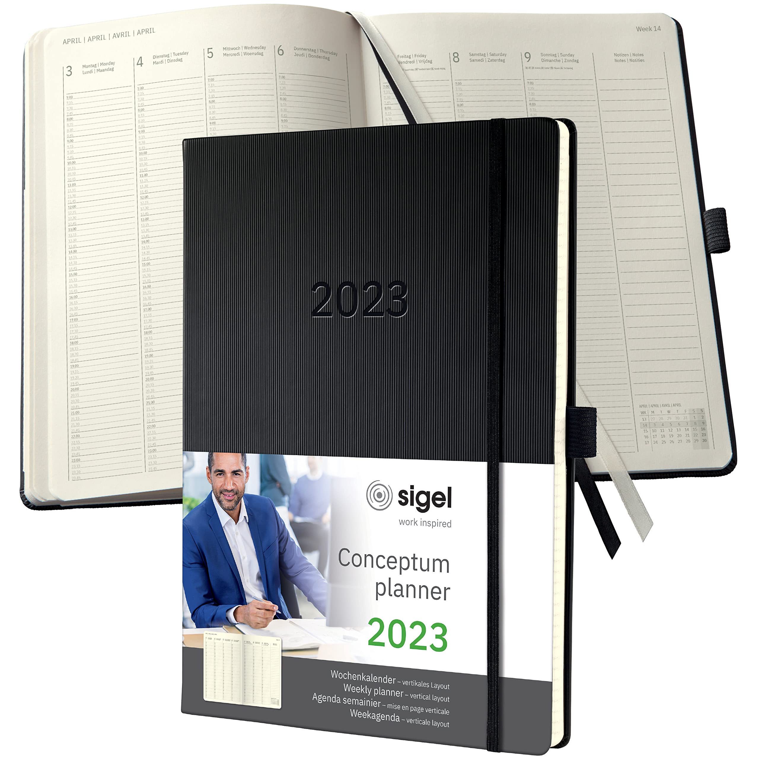 SIGEL C2318 Weekly planner Conceptum 2023 - vertical layout - A4+ - black - hardcover - 2 pages = 1 week - 192 S.