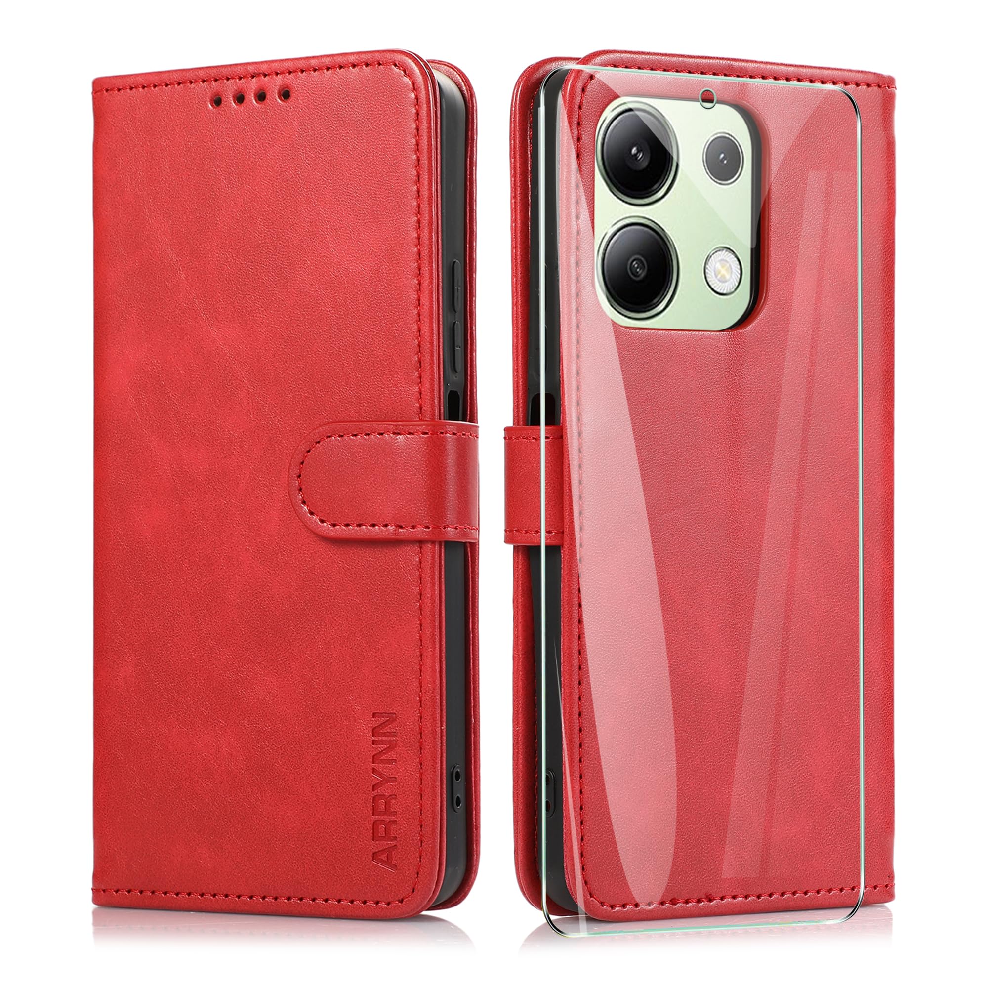ARRYNN Case for Xiaomi Redmi Note 13 4G (6.67 Inches) + Protective Film, Mobile Phone Case Wallet Cover for Xiaomi Redmi Note 13 4G, Flip PU Case Protective Cover Xiaomi Redmi Note 13 4G - Red