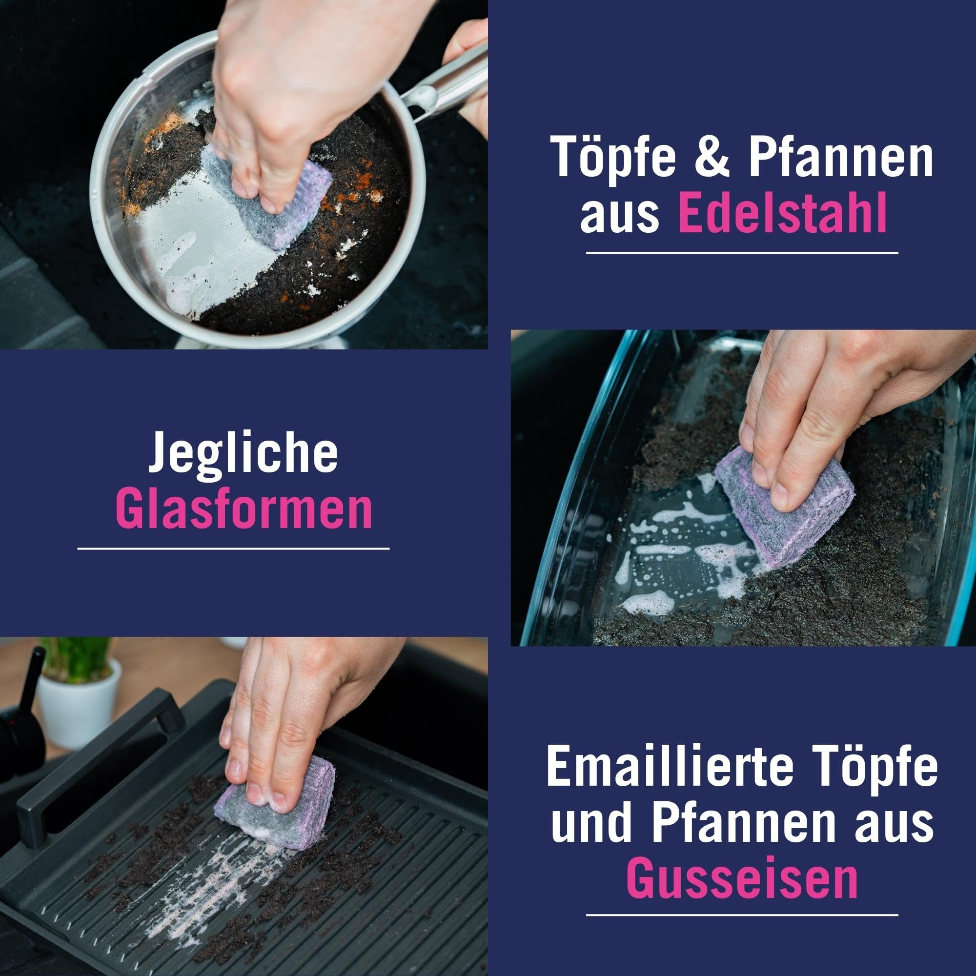 abrazo Topf & Pfanne - 12 Reinigungskissen für Töpfe, Grill & Backofen, Spülschwamm mit veganer Pflanzenseife, Küchenschwamm, Reinigungsschwamm 6