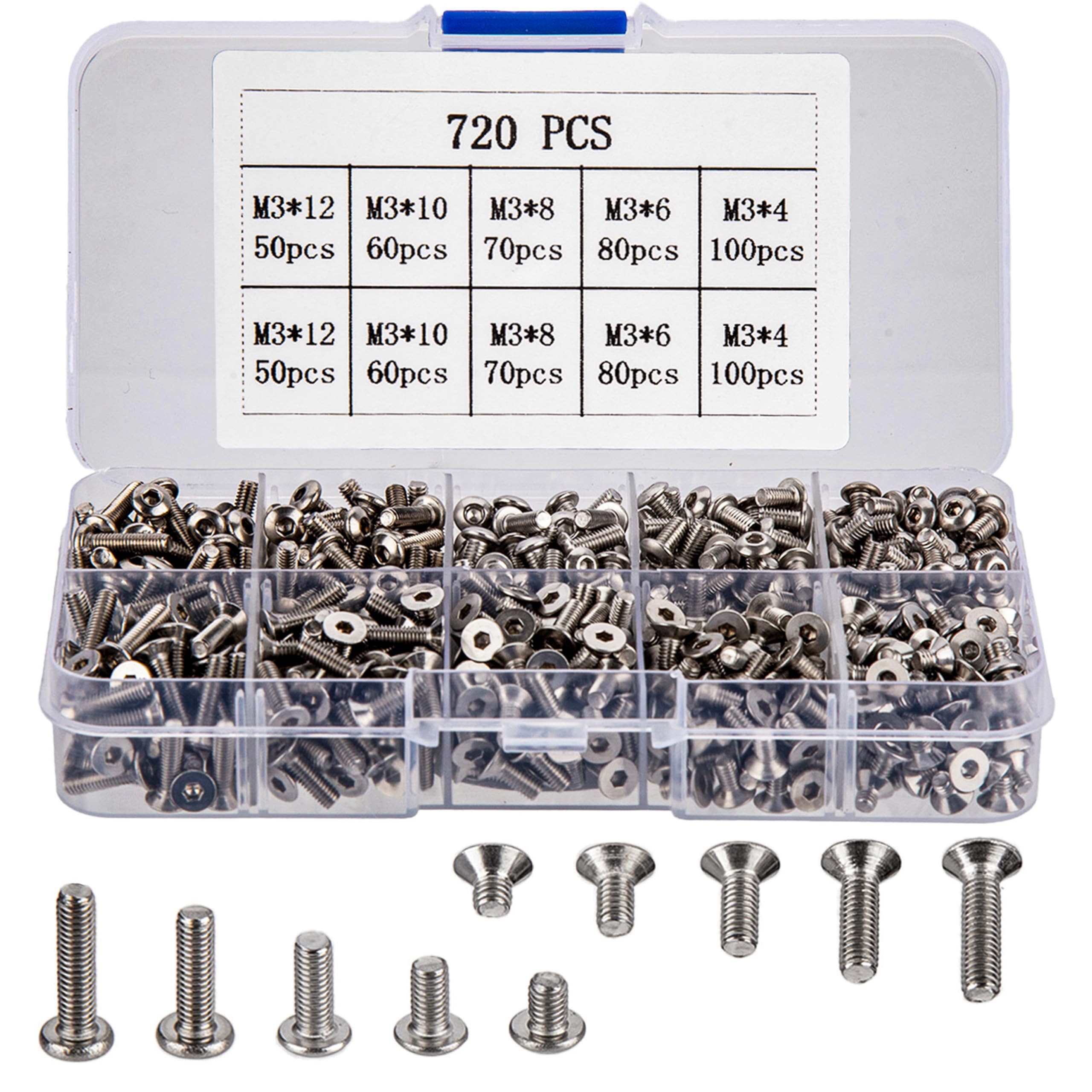 720 Pcs M3 Hex Socket Head Cap Screws & Bolts Set, Including 360 Pcs Countersunk & Flat Head Screws for 3D Printer - Silver, 4mm-12mm โ image 1