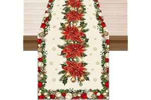 XCHI Christmas Poinsettias Leaves Bells Snowflakes Winter Xmas Table Runner Table Decoration for Home Kitchen Dining Holiday Decor 13x72 Inch