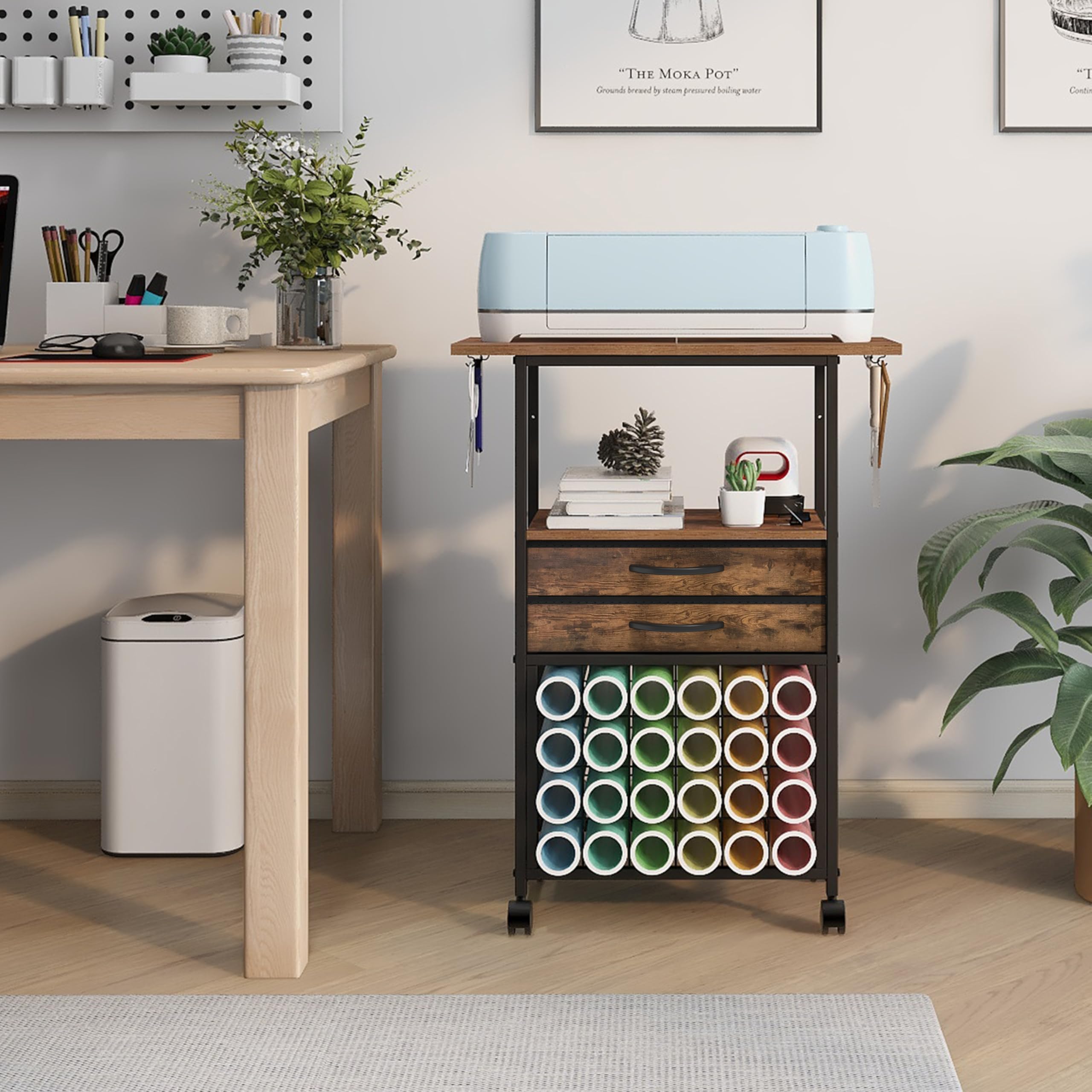 Organizer and Storage Stand Compatible with Cricut Machines,Rolling Storage Cart/Shelf with 24 Vinyl Roll Holders，2 Fabric Drawer,Accessories Holder,Tool Hook for Craft Room Home (Rustic Brown)