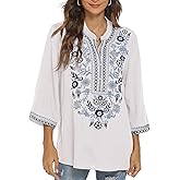 LauraKlein Women's Mexican Embroidered Tops for Women V Neck 3/4 Sleeve Shirts Peasant Casual Loose Summer Tunics Blouse