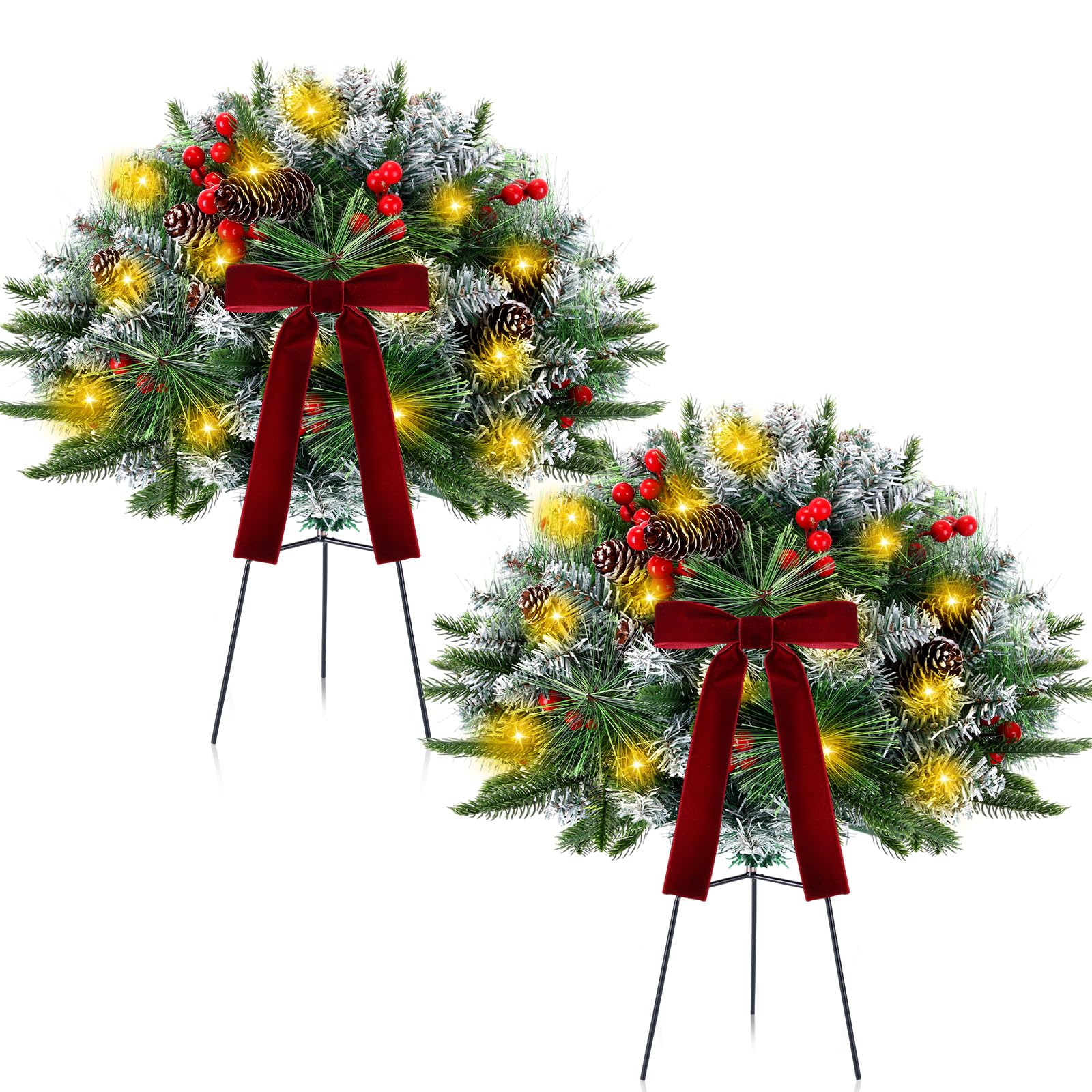 Photo 1 of 1 Pack 18" Lighted Outdoor Christmas Urn Filler with Remote & Timer, 60 LEDs Pre-lit Snowy Artificial Xmas Tree Planter Insert, Velvet Bows for Front Porch, Yard Decor(Burgundy)