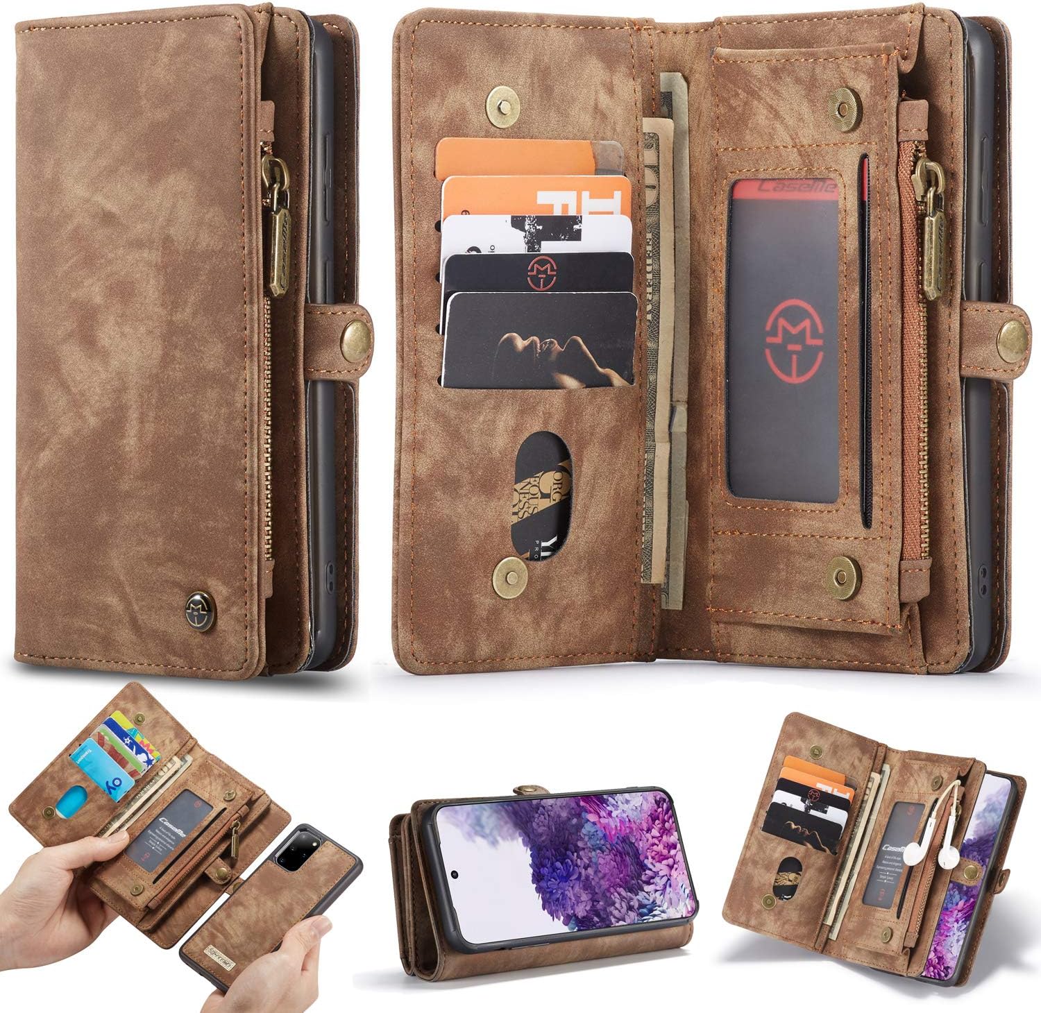 ANROD Detachable Leather Wallet Case for Samsung Galaxy S20 Plus,CaseMe Magnetic Closure 2-in-1 Flip TPU Shockproof Zipper Purse Back Cover with Card Slots (Coffee)