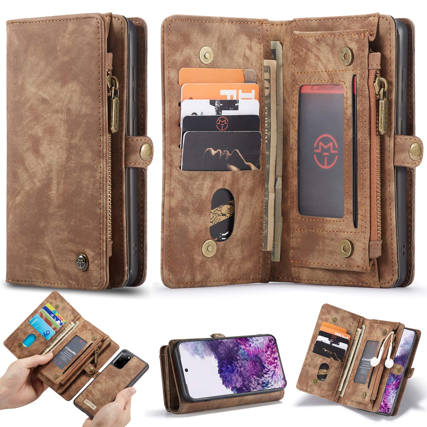 ANROD Detachable Leather Wallet Case for Samsung Galaxy S20 Plus,CaseMe Magnetic Closure 2-in-1 Flip TPU Shockproof Zipper Purse Back Cover with Card Slots (Coffee)