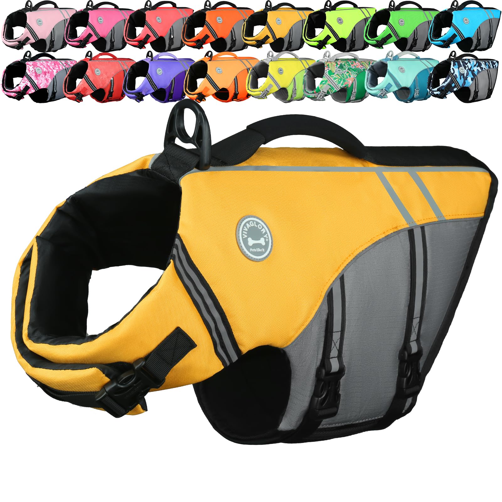 VIVAGLORY Sports Style Dog Life Jacket, Dog Buoyancy Jacket for Swimming & Boating, Ripstop & Buoyancy for Doggy, Life Vest with Handle, M, Yellow