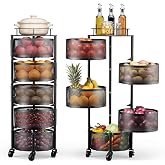 VEVOR Rotating Storage Rack Cart, 5 Tier Fruit and Vegetable Basket Bowls, Heavy Duty Wire Basket Organizer on Wheels, Large Capacity Stand with Metal Top Lid, for Kitchen Bathroom Nursery, Black