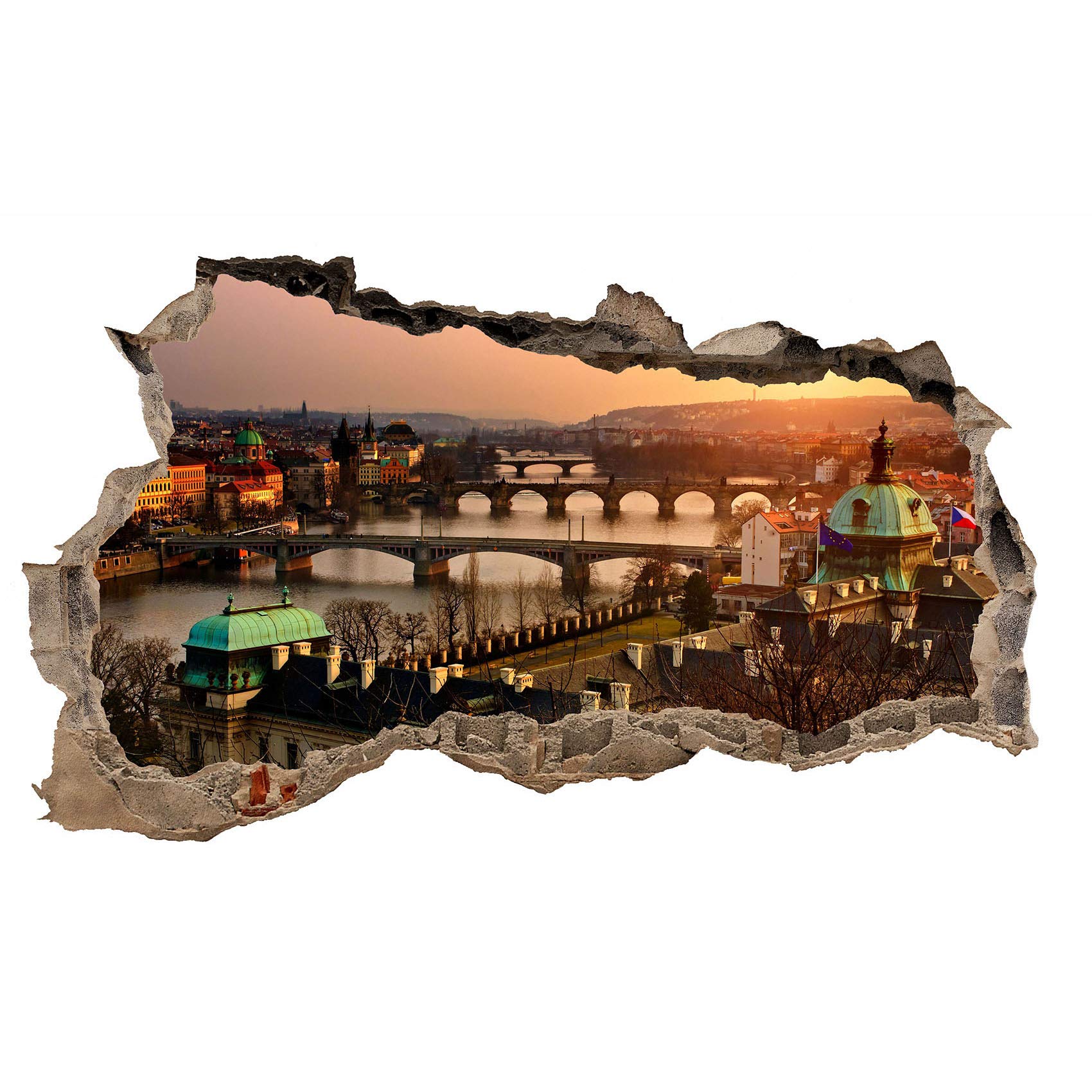 WL01 Prague 3D Wall Sticker Breakthrough Cities Landscape Adventure Self-Adhesive H 60 x W 100 cm Bedroom Living Room