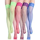 Bencailor 4 Pairs Fishnet Thigh High Stocking for Women Silicone Lace Top Sheer Over Knee Stockings