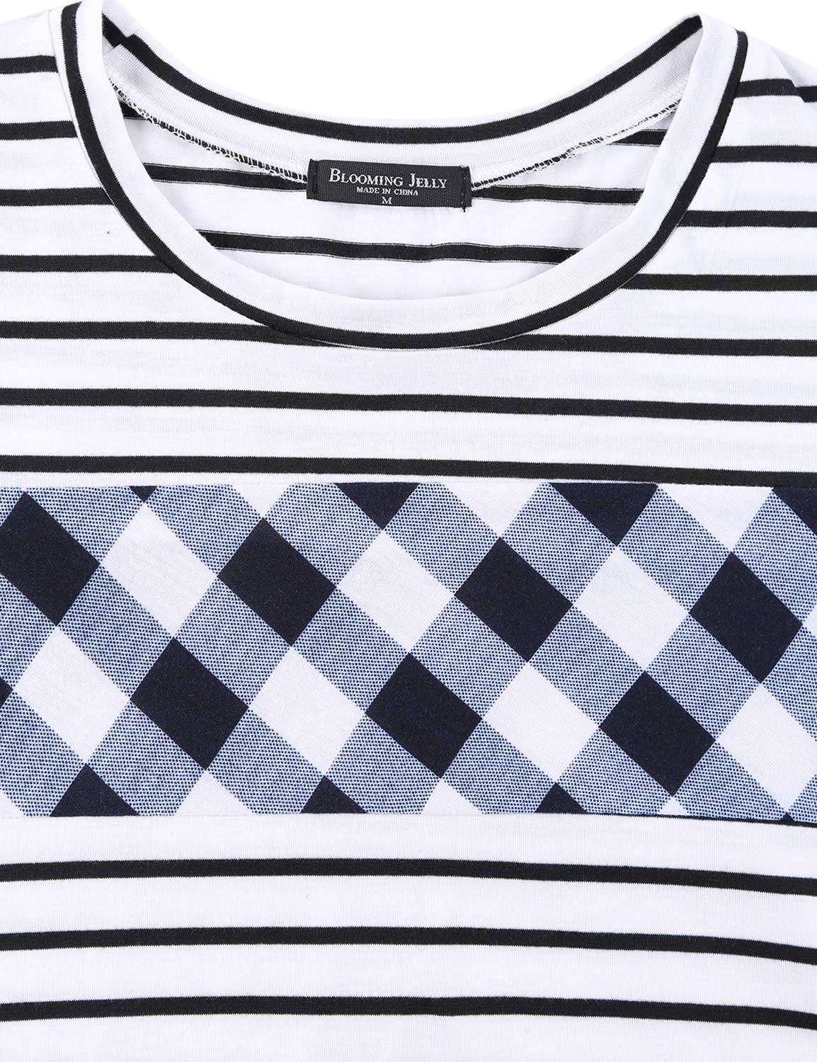 Blooming Jelly Women\'s Long Sleeve Plaid Striped Shirt Color Block Round Neck Top Tee (L, Stripe)