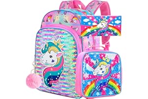 gxtvo 3PCS Girls Backpack, 16" Sequin Prechool Elementary Bookbag and Lunch Box