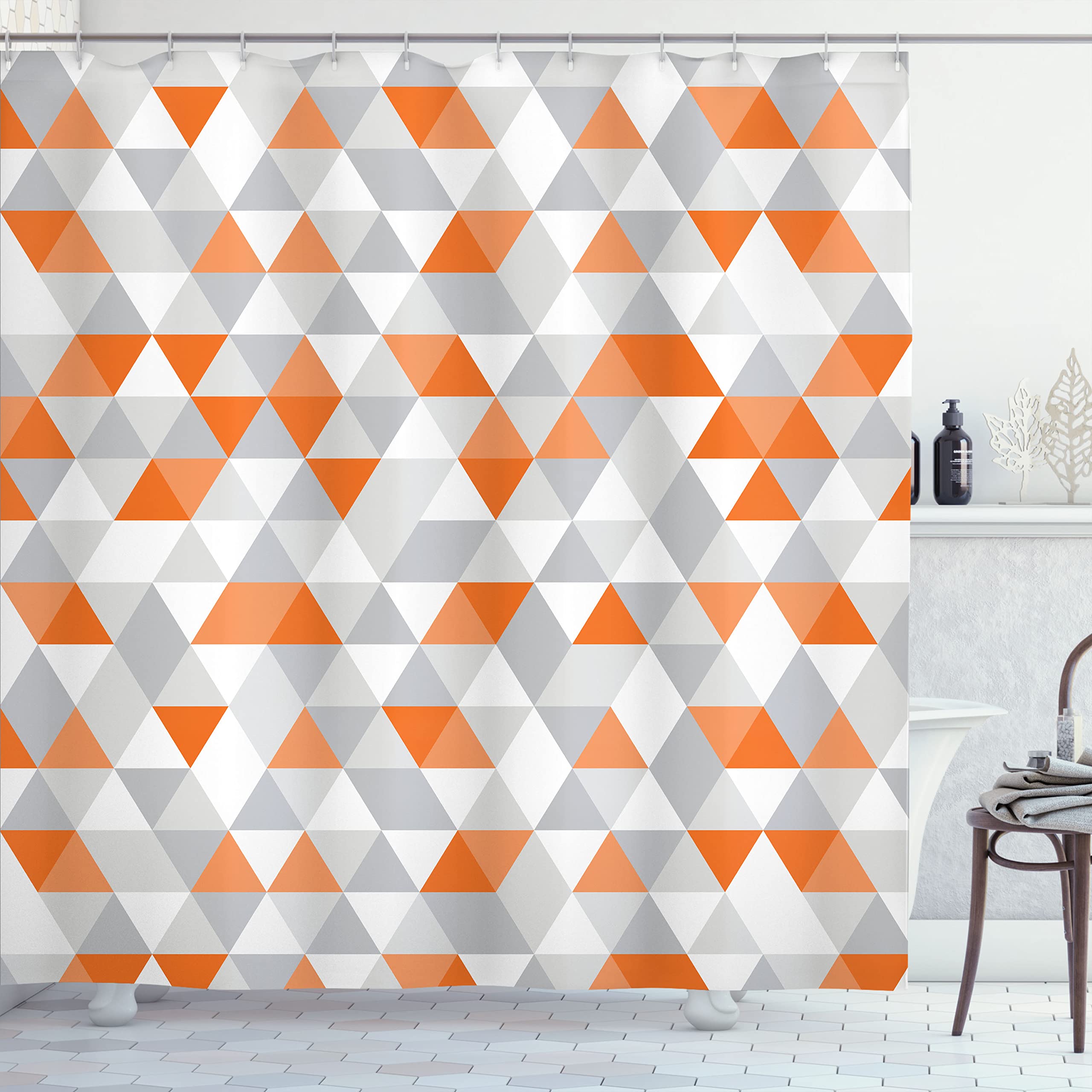 ABAKUHAUS Geometric Shower Curtain, Triangles Argyle Like Polygonal Pattern Modern Look Zigzag Ornament, Cloth Fabric Bathroom Decor Set with Hooks, 175 x 200 cm, Orange Salmon and White