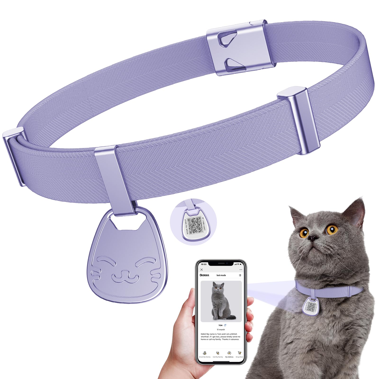 Photo 1 of Cat Collar with QR Code Name Tag, Breakaway Kitten Collar for Boy & Girl Cats, Ultra Soft Elastic Adjustable Band, Safety Break Away Buckle, Comfortable & Secure Pet ID Collar (6"-12"), Purple
