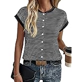Saodimallsu Womens Striped Cap Sleeve Tops Button Crew Neck Roll Trim Loose Casual Knit Sweater Vest