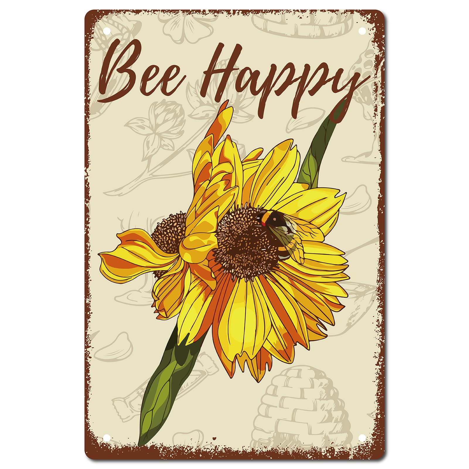 CREATCABIN Sunflower Tin Sign Bee Happy Metal Wall Decor Decoration Art Mural Retro Vintage Spring Summer Flower for Home Garden Kitchen Bar Pub Living Room Office Garage Poster Plaque 12 x 8 Inch