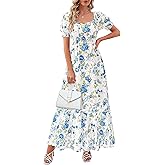 PRETTYGARDEN Women's Floral Boho Maxi Dresses Flowy Short Sleeve A Line Smocked Eyelet 2026 Summer Beach Vacation Clothes