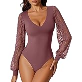 Avidlove Womens Long Sleeve Bodysuit Double Lined V Neck Lace Puff Sleeves Going Out Top Shirts Thong Leotard Body Suit