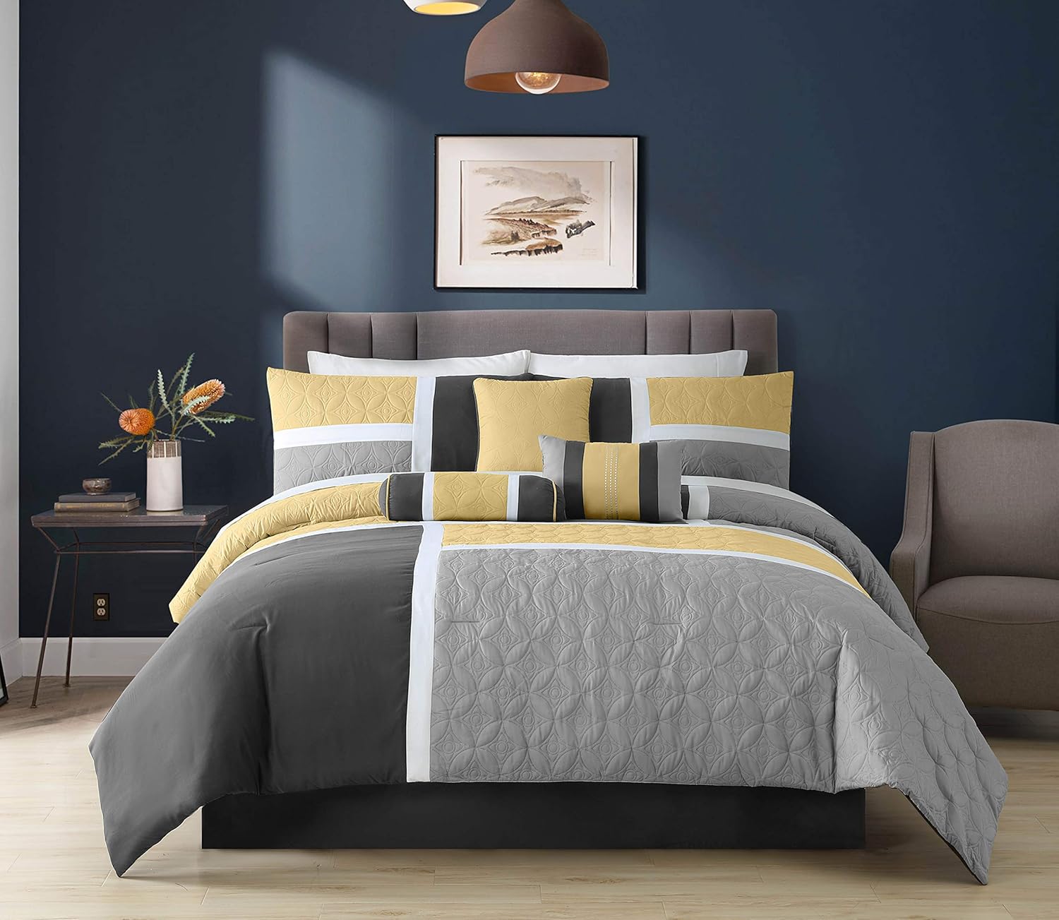 Chezmoi Collection 7-Piece Quilted Patchwork Comforter Set, Yellow/Gray, California King: Home & Kitchen