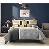 Chezmoi Collection Upland 7-Piece Quilted Patchwork Comforter Set, Yellow/Charcoal/Gray, Queen