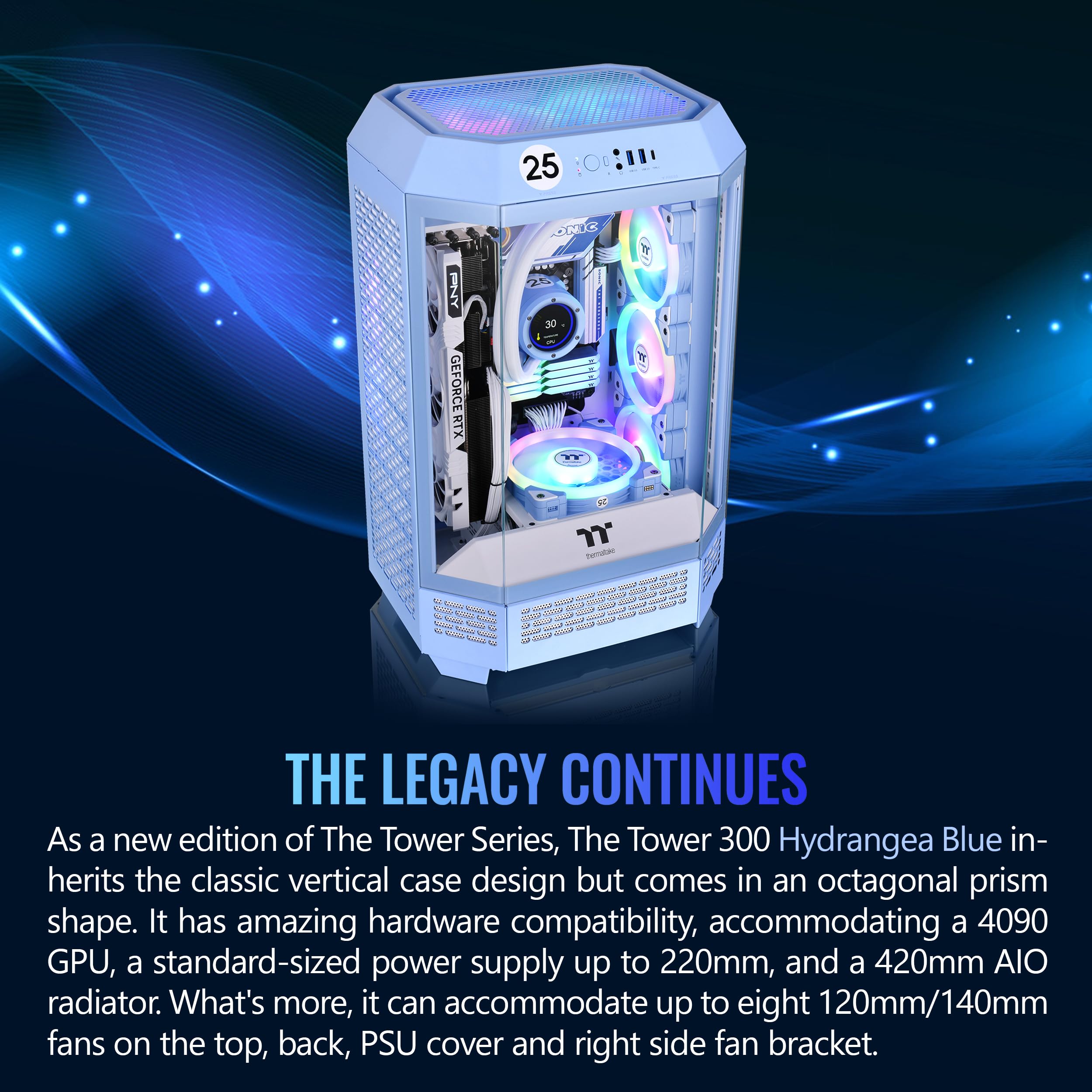Thermaltake Tower 300 Hydrangea Blue Micro-ATX Case; 2x140mm CT Fan Included; Support Up to 420mm Radiator; Optional Chassis Stand Kit Allows Horizontal Display; CA-1Y4-00SFWN-00; 3 Year Warranty