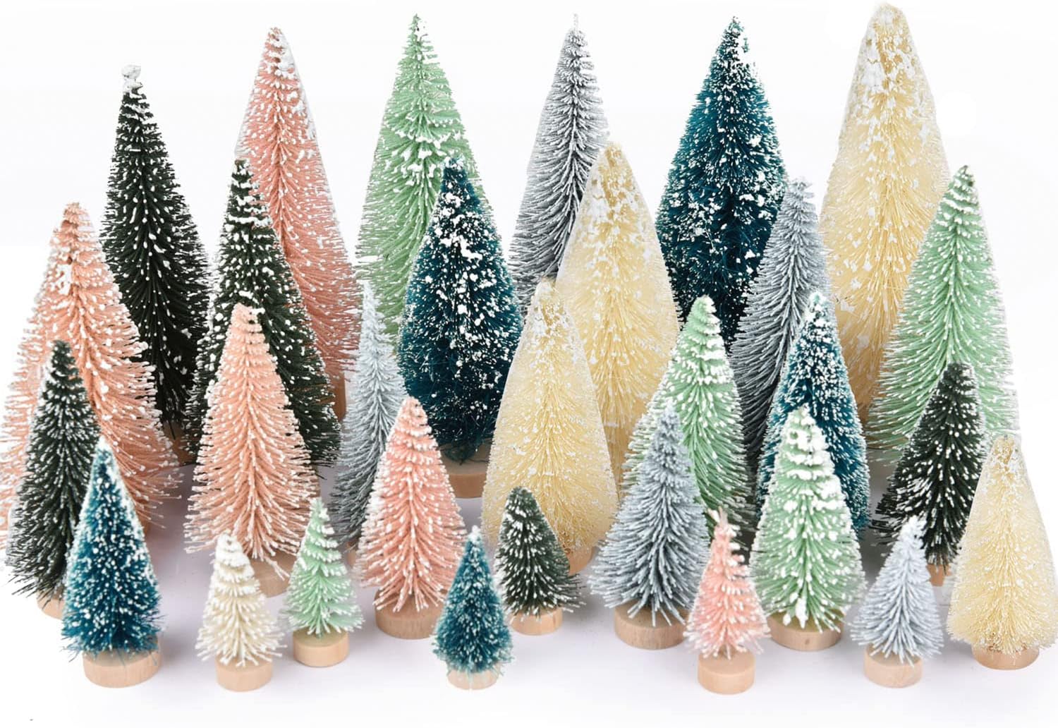 Trees - DearHouse 30PCS Artificial Mini Christmas Trees, Mini Pine Tree Sisal Trees with Wood Base Bottle Brush Trees for Christmas Table Top Decor Winter Crafts Ornaments (Pink, 30)