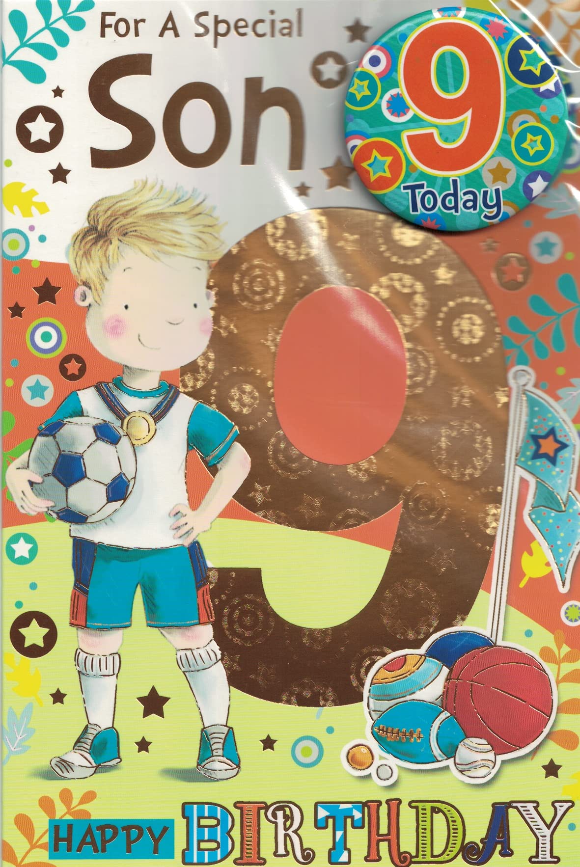 Son Age 9 Nine Birthday Card with Badge**9 X 6 INCHES**1ST Class Post**AE7**