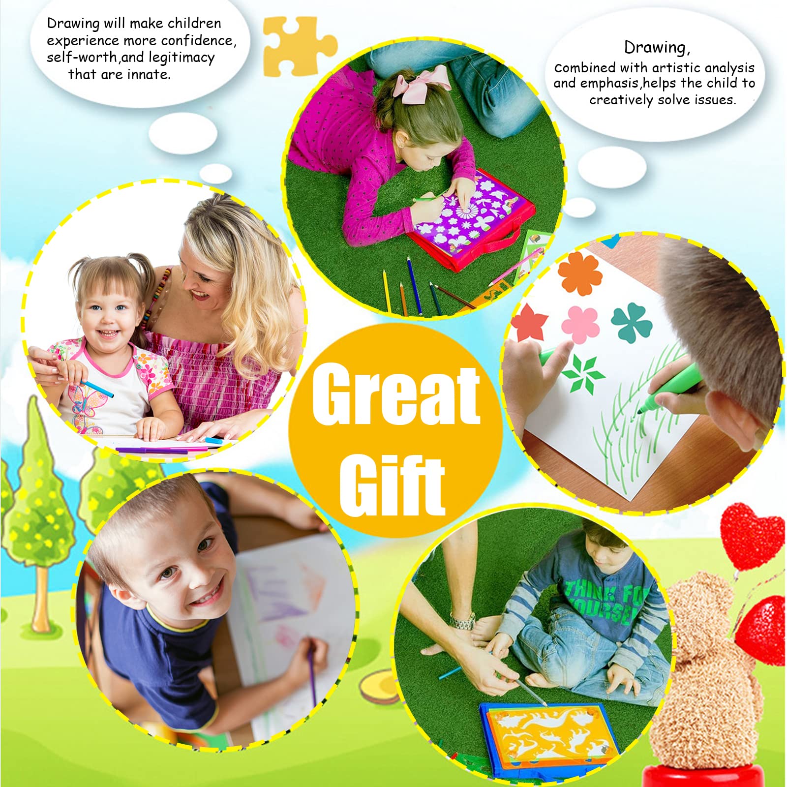 Stencils for Kids, 26pcs Plastic Drawing Stencils Set with 400+ Images, Variety of Shapes and Subjects