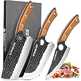 Butcher Knife for Cutting Set of 3, Hand Forged Japanese Meat Cleaver Knife for Cooking, High Carbon Kitchen Knife & Serbian Chef Knife & Boning Knife for Home, Outdoor, Camping, BBQ, Gift for Men
